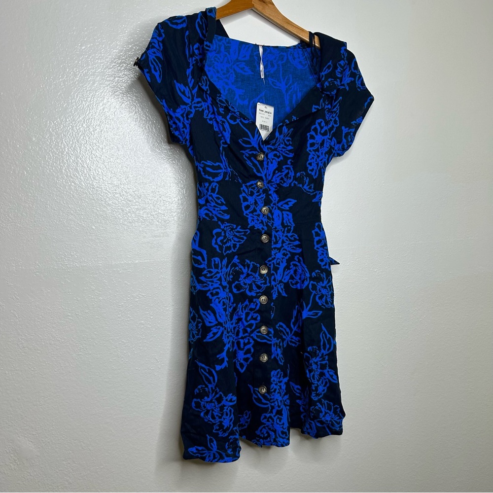 NWT Free People Blue Linen Blend Floral Mini Dress 2